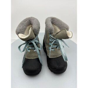 Kid's Snow Boots Suede Tan & Icy Blue Snowflakes Kid Size13